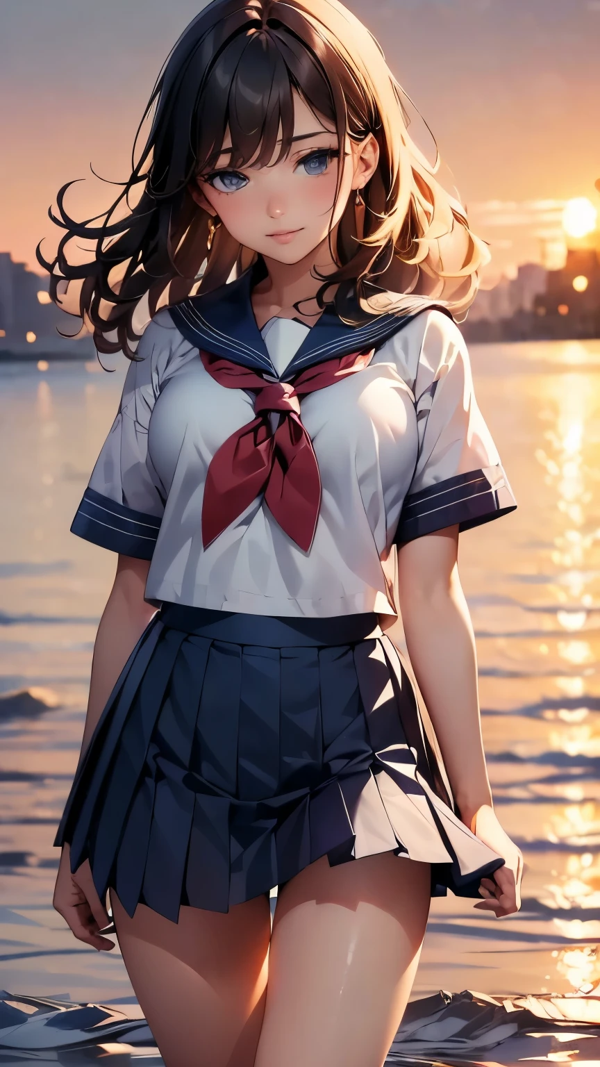 (highest quality, 4K, High resolution, masterpiece:1.2), Very detailed, one person, woman, (ＪＫ, , Sailor suit, Pleated skirt, Striped pants), Water reflection, Grace, Graceな動き, Sunset Colors, Great atmosphere, Blowing in the Wind, Provocative Hips, Beautiful fine details, Beautiful lip detail, Long eyelashes, Bright colors, Soft and warm color palette, Great lighting, Blurred Background, Graceな動き,