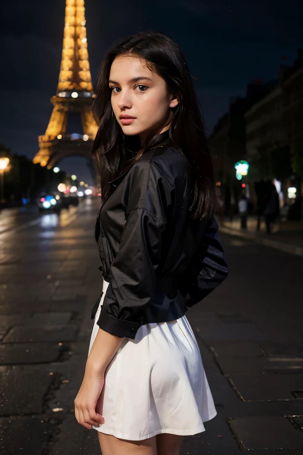 Albanian girl. Dark hair. Dark Eyes. . Young adult. Pretty body, perfect body, Beautiful young adult girl, French sexy shirt dress, French fashion attire, Paris, Iconic Parisian views, Chic and elegant style, Romantic Paris setting, Eiffel Tower backdrop, Stylish French streetwear, Urban Paris landscape, panoramic view, super high definition, perfect shot, perfect pose, Canon 5D Mark 4