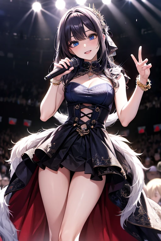 masterpiece, masterpiece_portrait, distinct, distinct_image, high_resolution, highres, high_quality_anime, high_quality, hyper_detail, finely_detailed,4K, YUJU, GFRIEND, KPOP , sexy body, ((black hair)), blue eyes, smile, happy, KPOP idol singer costume, Singing and dancing on a fancy broadcasting station stage, Holding a white microphone in one hand