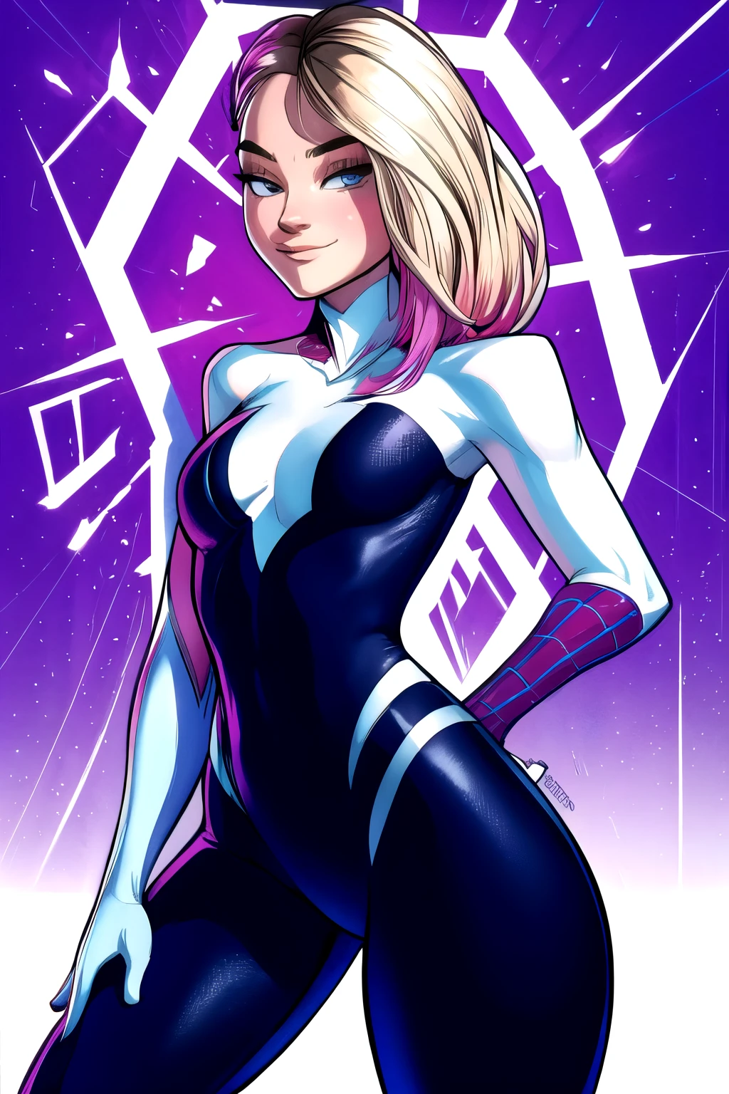 (masterpiece, top quality, best quality, official art, beautiful and aesthetic:1.2),highly detailed face,1girl,gwen_stacy, (portrait:1.3),spider-gwen suit , bodysuit superhero,small tits(extremely detailed,highres, highest detailed,8k,absurdres,CG),happy,full body pose,cowboy shot,grab breast,smirk,cute smile.full body pose,peace sign