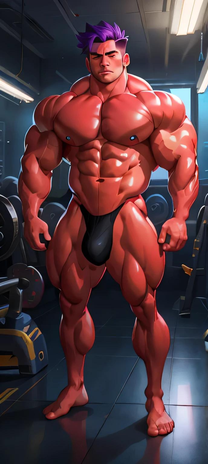 （tmasterpiece，Best quality at best，absurd res），1 person，Naked boys，is shy，Be red in the face，Shy，musculous，Detailed eyes，nakeness，(nakeness)，eBlue eyes，Bare topless，Upper body body，short blue-purple hair，（fluorescent light），（a color），（（abstract backgrounds）） fullbody, front view