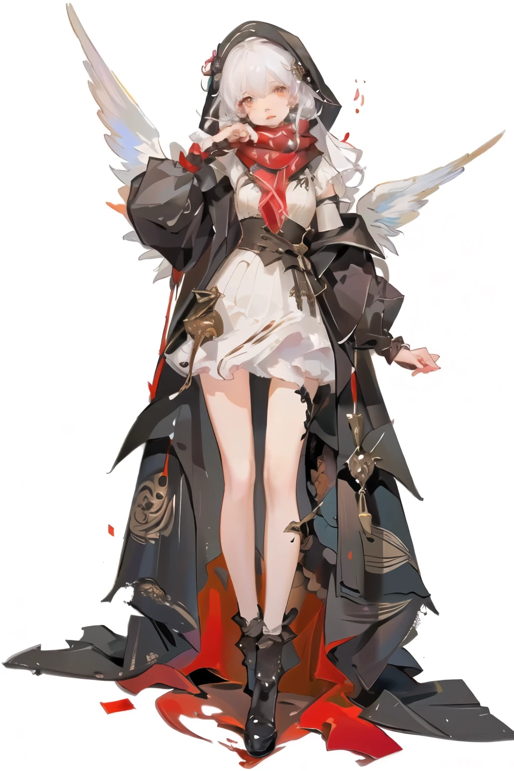 ((best quality)), ((masterpiece)), (detailed), perfect face, ((best quality)), ((masterpiece)), (detailed), perfect face(Golden ratio:1.2),(Fault color:1.3),[(White background:1.4)::10], (full bodyesbian:1.2),(Ultra-detailed:1.3), （white color background）white background, plain background (colorful ink paper flower grow on the face:1.2), s girl，White hair，Red glowing eyes, photorealestic,（（（Red and white trench coat））），（Red scarf)，a black pleated skirt，black t-shirts，longer sleeves，（（With a hood）），((Multiple pairs of angel wings))，side-lighting, NSFW, Depicting female characters from ethereal anime in a high-quality anime art style，，，8K，Red and white shoes with a sense of technology，(chaotic geometric images:1.3),(nagative space:0.8),(Drawing board:1.3), (ether colorful ink flowing:1.3), a knight, white background, plain background, Bloodborne inspired, tatty Bloodborne attire, occult aesthetic, occult, tatty red and white clothing detailed and intricate steampunk and detailed gothic loliwith a hood), long coat, Complex laced boots, Fluttering lace flared long knee length dress with frilly petticoats, long dress, knee length dress, pleated petticoats, lolita d, petticoats gothic lolita, beaul small breasts, (((( Highly detailed face))), small thin nose, Small thin lips mouth, (((Very sharp focused eyes))), Very large slit precision pale grey eyes that shine like jewels. very long eyelashes, Silver hair swaying in the wind, Emitting a dazzling light in a mandala pattern, white background, Very dramatic and cinematic lighting, tatty damaged old red and white clothing, full body, whole body, body, cosmic horror, grim dark