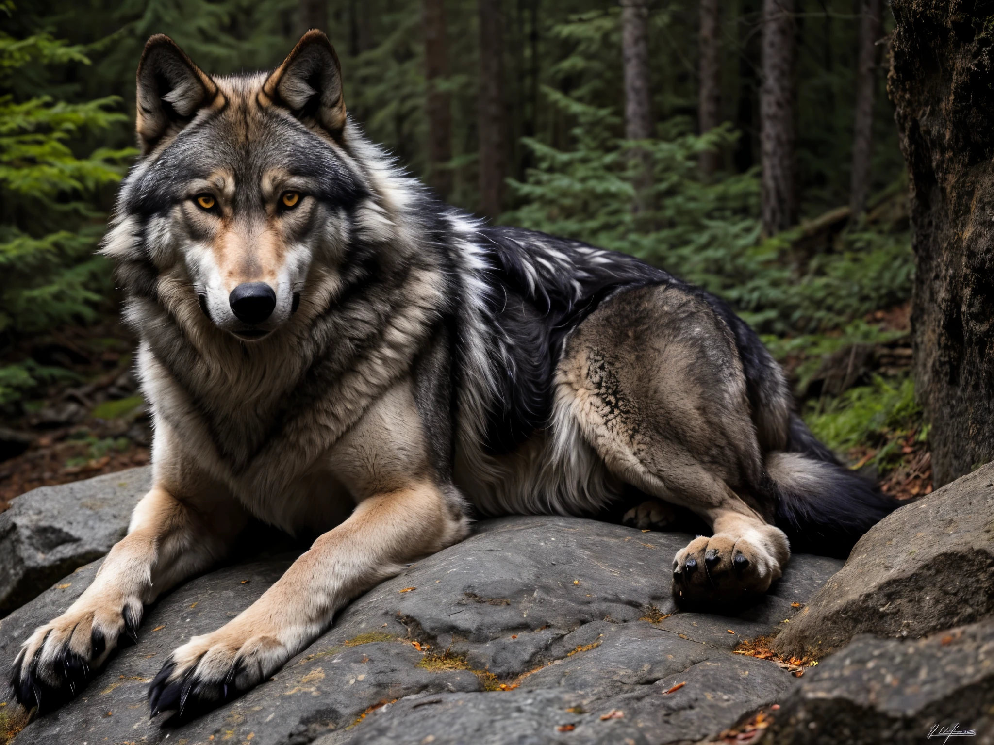 arafed wolf laying on a rock wall in a wooded area, fur hdr, photo of wolf, intense dramatic hdr, dark grey wolf, furry wolf, on a dark rock background, portrait shot, great wolf, regal pose, lone wolf, portrait of rugged zeus, wolf, hdr photo, wolves and their treasures