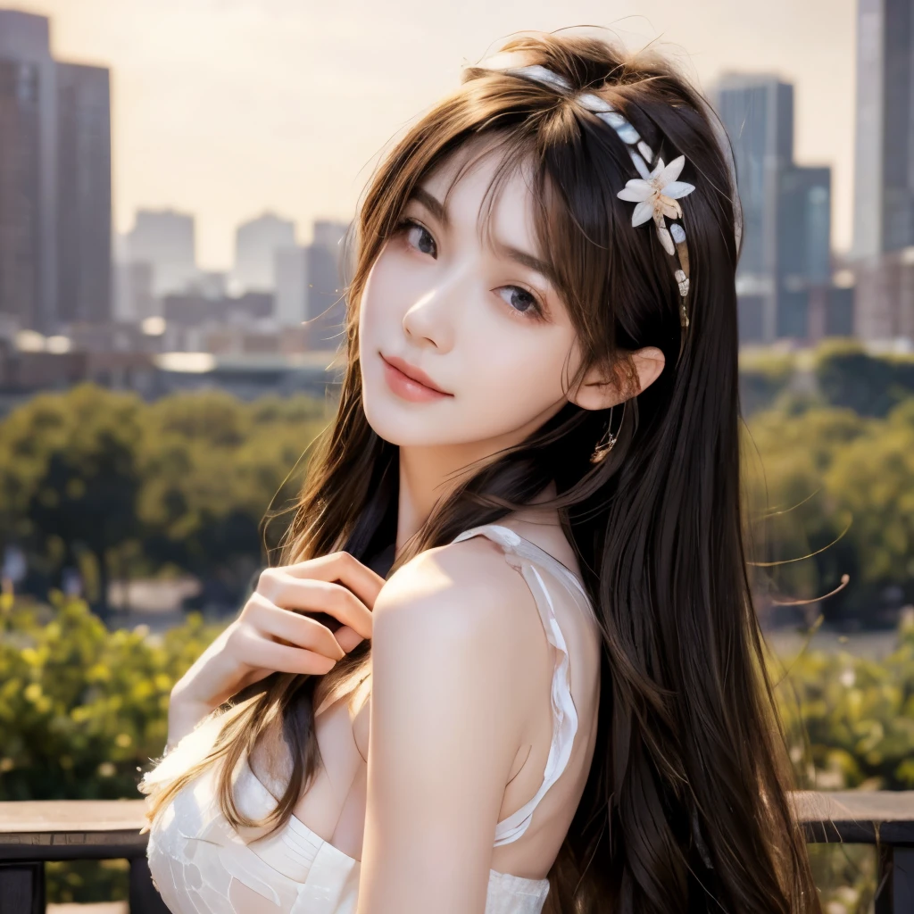 best quality, masterpiece, Ultra-high resolution, lifelike, (panoramic:1.5), (1 girl),(long hair),(Hair accessories:1.4),女孩的身边有一座古老的宫殿whole body黑丝,Black Focus, Good shape, whole body，Random Pose Reference, Single eyelid eyes, High nose bridge、Pointed nose, V-Shaped Face, Pale skin, Smile, Bokeh