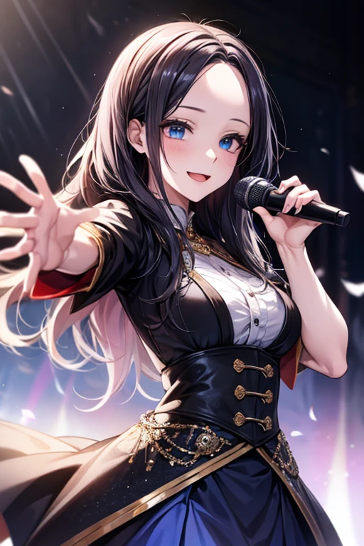 (((forehead))), masterpiece, masterpiece_portrait, distinct, distinct_image, high_resolution, highres, high_quality_anime, high_quality, hyper_detail, finely_detailed,4K, YUJU, GFRIEND, KPOP , sexy body, ((black hair)), blue eyes, smile, happy, KPOP idol singer costume, Singing and dancing on a fancy broadcasting station stage, Holding a white microphone in one hand