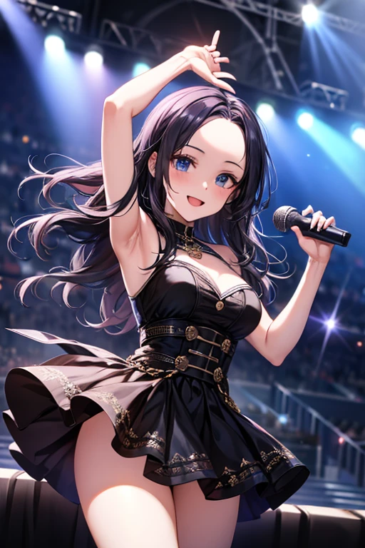 (((forehead))), masterpiece, masterpiece_portrait, distinct, distinct_image, high_resolution, highres, high_quality_anime, high_quality, hyper_detail, finely_detailed,4K, YUJU, GFRIEND, KPOP , sexy body, ((black hair)), blue eyes, smile, happy, KPOP idol singer costume, Singing and dancing on a fancy broadcasting station stage, Holding a white microphone in one hand