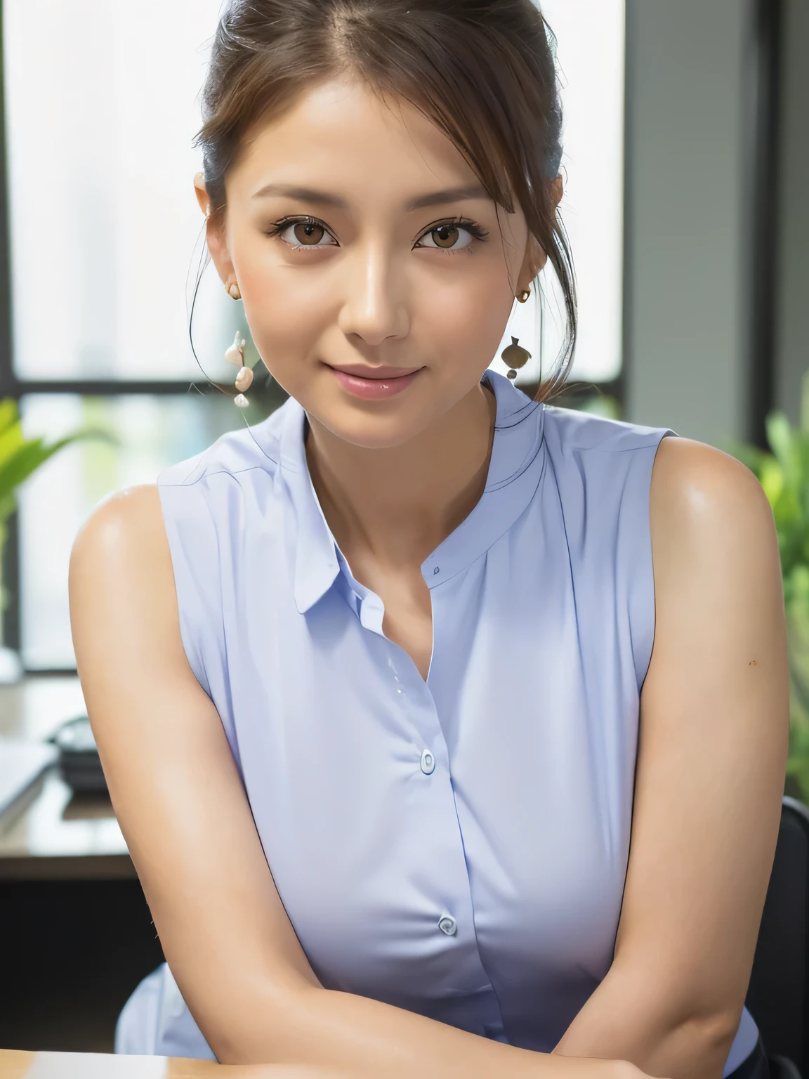 Beautiful Japanese/Ukrainian mixed race woman,(Best image quality, 4K, high quality, masterpiece:1.2), ((masterpiece)), High detail, high quality, (High resolution,16k, RAW Beautiful Girl Portrait, Best image quality, masterpiece:1.2), (Ultra high definition illustration), ((office, Sleeveless tight sexy business shirt)), so beautiful, (40 years old:1.4),