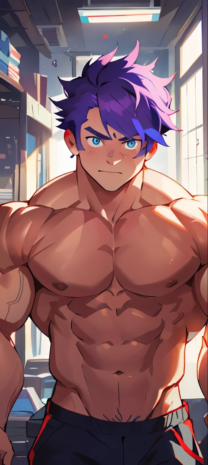 （tmasterpiece，Best quality at best，absurd res），1 person， boys，is shy，Be red in the face，Shy，musculous，Detailed eyes，nakeness，(nakeness)，eBlue eyes，Bare topless，Upper body body，short blue-purple hair，（fluorescent light），（a color），（（abstract backgrounds））