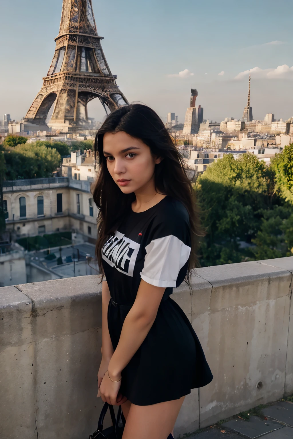 Albanian girl. Dark hair. Dark Eyes. Teen. Young adult. Pretty body, perfect body, Beautiful young adult girl, French sexy shirt dress, French fashion attire, Paris, Iconic Parisian views, Chic and elegant style, Romantic Paris setting, Eiffel Tower backdrop, Stylish French streetwear, Urban Paris landscape, panoramic view, super high definition, perfect shot, perfect pose, Canon 5D Mark 4