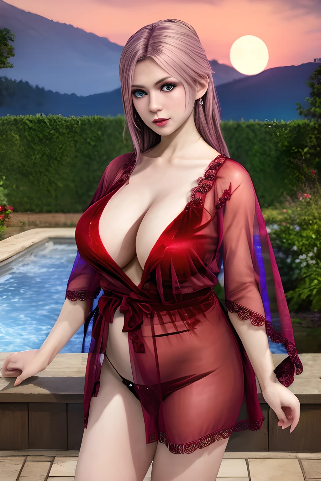 1girl,(RED theme: 1.2), (Sheer fabric pajamas: 1.2),(Velvet fabric robe: 1.2), (Ice flower Robe: 1.15), ,garden,moon,huge breasts,lactating,(lip gloss),(masterpiece), best quality, (real life portrait photography:1.5),unltra detailed,8K,Shot with a professional-grade camera like the Nikon D850,every intricate detail is captured, from the subtlest expression to the glimmer of anticipation in her eyes,Focus on thighs and above,solo, elise,