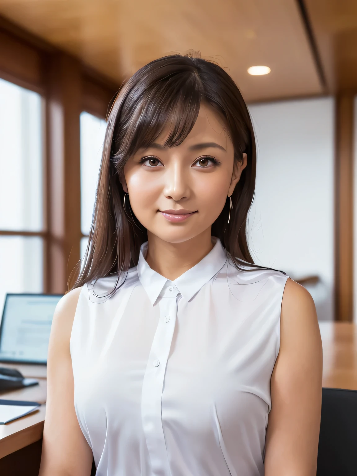 Beautiful Japanese/Ukrainian mixed race woman,(Best image quality, 4K, high quality, masterpiece:1.2), ((masterpiece)), High detail, high quality, (High resolution,16k, RAW Beautiful Girl Portrait, Best image quality, masterpiece:1.2), (Ultra high definition illustration), ((office, Sleeveless tight sexy business shirt)), so beautiful, (40 years old:1.4), 