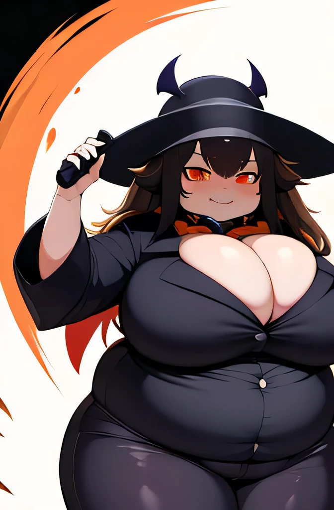 Raphtalia fat, obese, cursed statue in the hand, hungry, belt pop, devil suit, clothes's neck, sexy uniform, smug