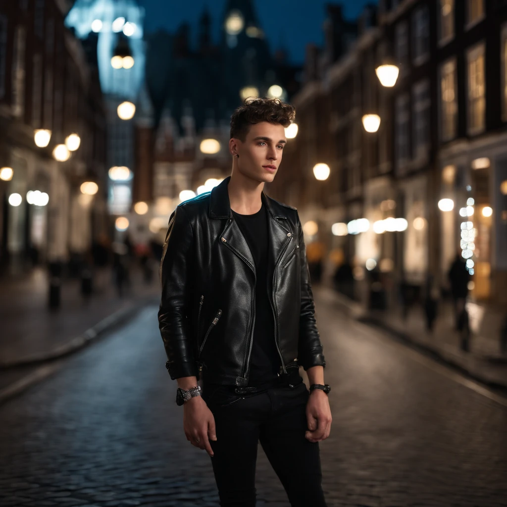 photo of (mark mercury:0.99), full portraot photo of a 28 years old man in Amsterdam: Mark Mercury, Conan Gray, non-binary , androgyne , australian man , 1/2 serbian 1/2 navajo as a Youtube influencer, tall, slim, thin, fit, long legs, pale skin, defined cheecks, diamond shaped face, freckles, mid-long wavy black hair, indoors , modelstyle photoshoot, neon bokeh background , wearing leather jacket , motor triump , black cotton t-shirt , leather jacket , handsome boy , (extremely detailed CG unity 8k wallpaper), photo of the most beautiful artwork in the world, professional majestic (photography by Mario Testino), 8k uhd, dslr, film grain, Fujifilm XT3 sharp focus, f 5.6, High Detail, Sharp focus, dramatic, (looking at viewer:1.2), (detailed pupils:1.3), (natural light), (seductive) , (masterpiece:1.3), (8k, photorealistic, RAW photo, best quality: 1.4), (1boy), beautiful face, (realistic face), short hairstyle, realistic eyes, beautiful detailed eyes, (realistic skin), beautiful skin, (black sweater), absurdres, attractive, ultra high res, ultra realistic, highly detailed, golden ratio, Amsterdam background