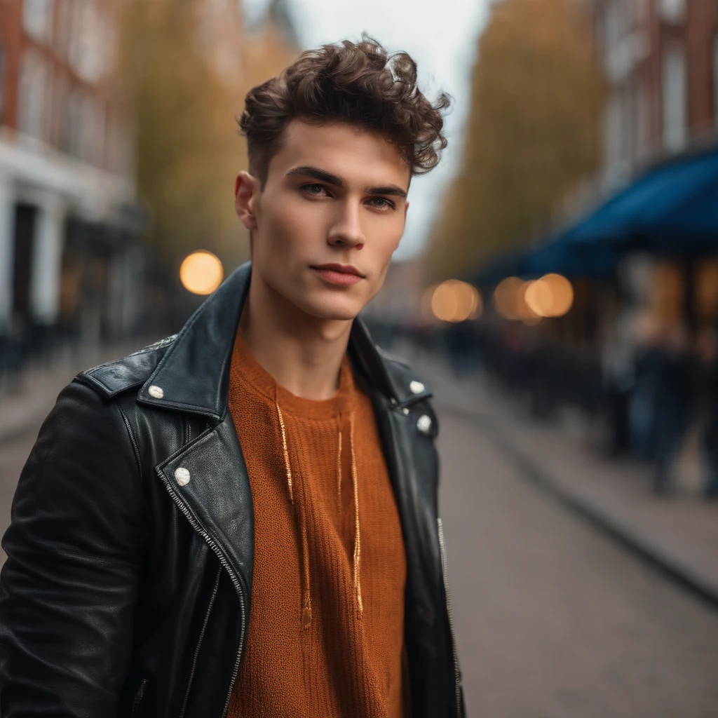 photo of (mark mercury:0.99), full portraot photo of a 28 years old man in Amsterdam: Mark Mercury, Conan Gray, non-binary , androgyne , australian man , 1/2 serbian 1/2 navajo as a Youtube influencer, tall, slim, thin, fit, long legs, pale skin, defined cheecks, diamond shaped face, freckles, mid-long wavy black hair, indoors , modelstyle photoshoot, neon bokeh background , wearing leather jacket , motor triump , black cotton t-shirt , leather jacket , handsome boy , (extremely detailed CG unity 8k wallpaper), photo of the most beautiful artwork in the world, professional majestic (photography by Mario Testino), 8k uhd, dslr, film grain, Fujifilm XT3 sharp focus, f 5.6, High Detail, Sharp focus, dramatic, (looking at viewer:1.2), (detailed pupils:1.3), (natural light), (seductive) , (masterpiece:1.3), (8k, photorealistic, RAW photo, best quality: 1.4), (1boy), beautiful face, (realistic face), short hairstyle, realistic eyes, beautiful detailed eyes, (realistic skin), beautiful skin, (black sweater), absurdres, attractive, ultra high res, ultra realistic, highly detailed, golden ratio, Amsterdam background