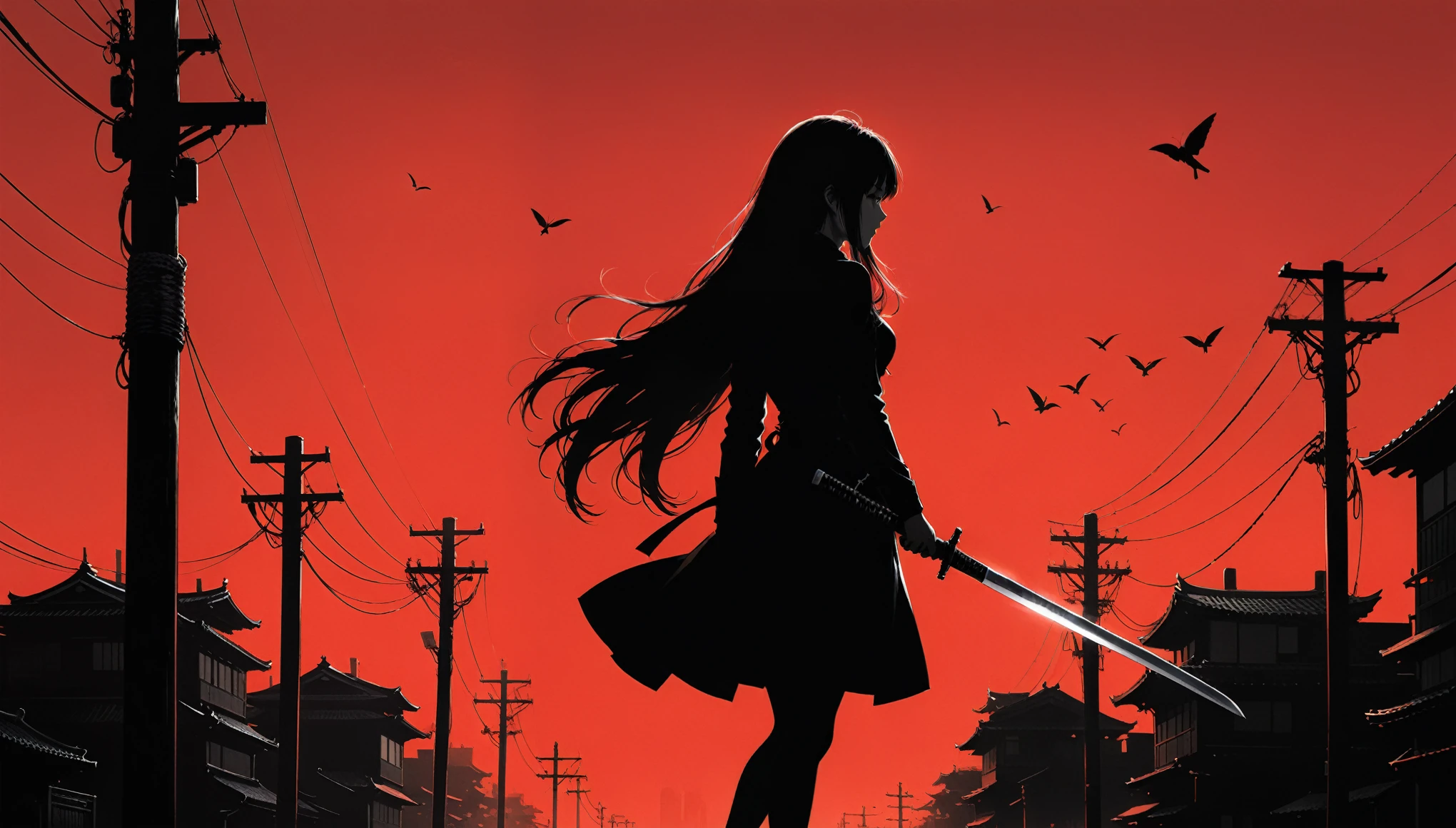 (in style of Ashley Wood:1.3),(in style of Takeshi Obata:0.9),
black and white urban skyline background,protruding utility poles,(a red silhouette of a young girl:1.6),minimalist silhouette,red silhouette,black and white background,wide_shot,silhouette of a teenage girl on a telephone pole,(elegant, ornate, hyper realistic, super detailed:1.1),(incredibly long hair fluttering in the wind:1.4),silhouette of japanese ninja costume,very long japanese sword silhouette,