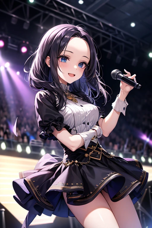 (((forehead))), masterpiece, masterpiece_portrait, distinct, distinct_image, high_resolution, highres, high_quality_anime, high_quality, hyper_detail, finely_detailed,4K, YUJU, GFRIEND, KPOP , sexy body, ((black hair)), blue eyes, smile, happy, KPOP idol singer costume, Singing and dancing on a fancy broadcasting station stage, ((Holding a white microphone in one hand))