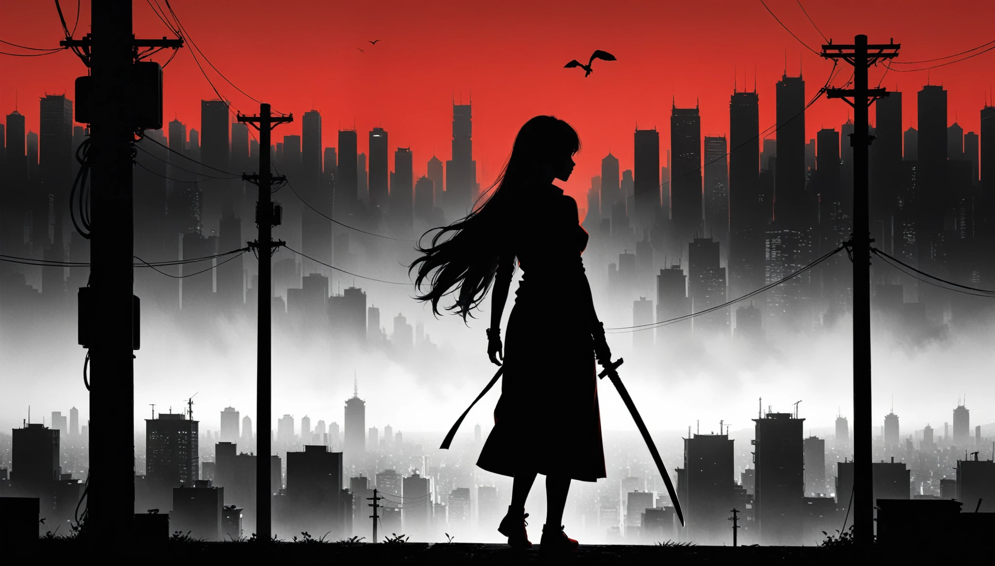 (in style of Ashley Wood:1.3),(in style of Takeshi Obata:0.9),
black and white urban skyline background,protruding utility poles,(a red silhouette of a young girl:1.6),minimalist silhouette,red silhouette,black and white background,wide_shot,silhouette of a teenage girl on a telephone pole,(elegant, ornate, hyper realistic, super detailed:1.1),(incredibly long hair fluttering in the wind:1.4),silhouette of japanese ninja costume,very long japanese sword silhouette,
