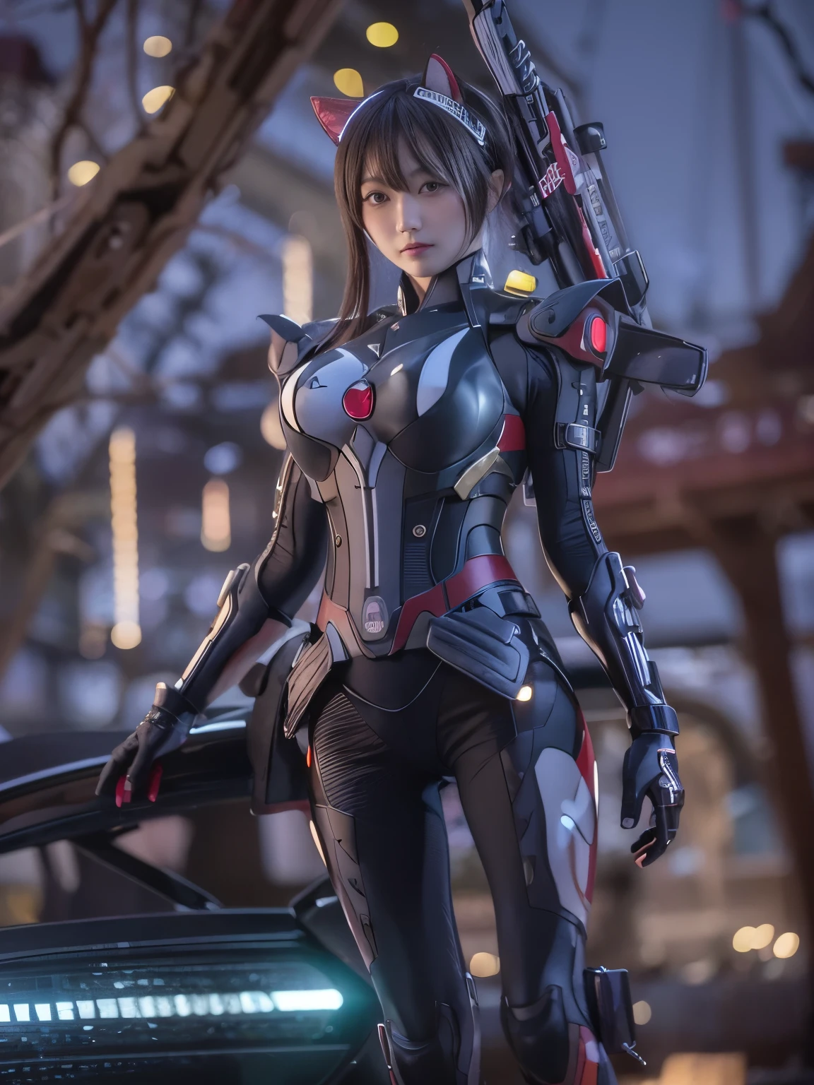 Masterpiece, (ultimate quality:1.2), 8k, Japanese woman in honet-type powered suit, silver base with green and red accents, very beautiful face, mechanical, (mechanical bat wings), hydraulic cylinder, power pipe, ultimately intricate details, full body shot, (ultimate photo Realistic:1.37), Park with a beautiful view at night, (Steampunk: 1.2), (Cyberpunk), Full body photo, Wide-angle shot, Please generate at least 4 photos.