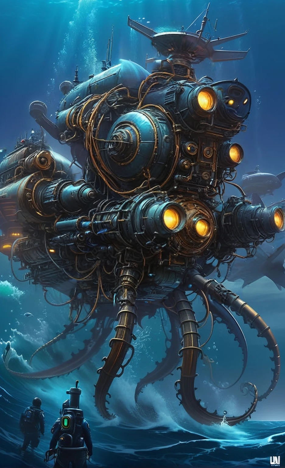 Nazare Subnautica vol.2 - New Nazare, by Luis Duarte, Nanopunk, blue shading, Nazare style, Element Water, Mythpunk, Graphic Interface, Space Art, Sci-Fic Art, Dark Influence, NijiExpress 3D v3, Kinetic Art, Datanoshing, Oilpainting, Ink v3, Splash style, Abstract Art, Abstract Tech, Cyber Tech Elements, Futuristic, Epic style, Illustrated v3, Deco Influence, AirBrush style, drawing
