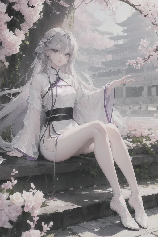 masterpiece, Excellent, daytime, outdoor, Falling Flowers, Branches, China人, China, 1 girl, Perfect Woman, Woman with long silver hair, Gray blue eyes, Light pink lips, cold, Serious, Prosperity, Purple Eyes, White clothes, black clothing series, Delicate face, Delicate face, Sitting Legs, Smile
