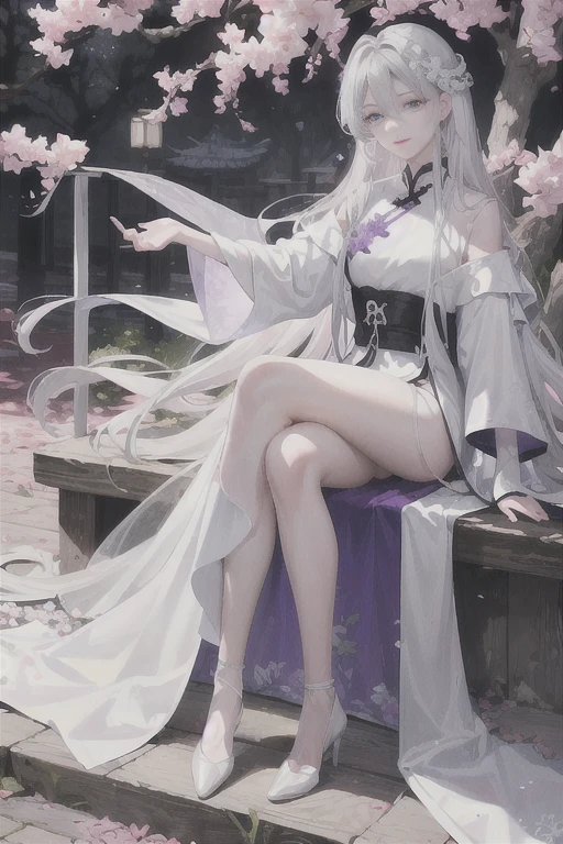 masterpiece, Excellent, daytime, outdoor, Falling Flowers, Branches, China人, China, 1 girl, Perfect Woman, Woman with long silver hair, Gray blue eyes, Light pink lips, cold, Serious, Prosperity, Purple Eyes, White clothes, black clothing series, Delicate face, Delicate face, Sitting Legs, Smile