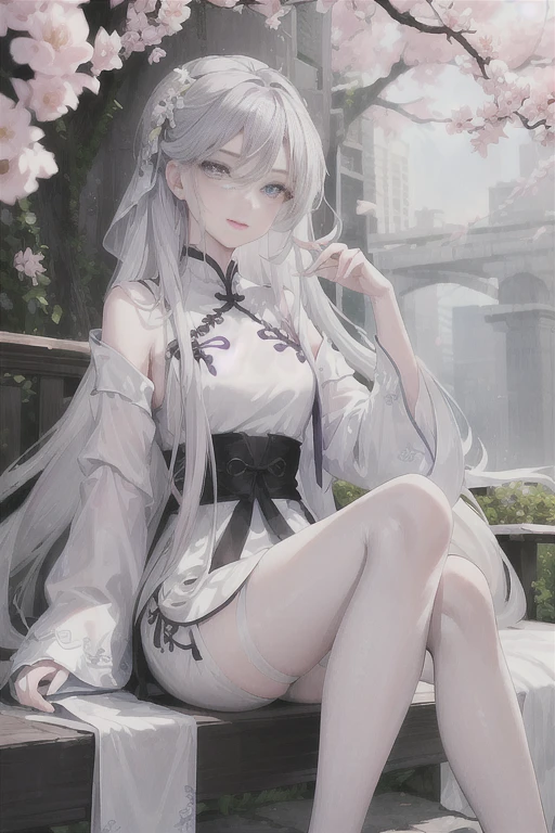 masterpiece, Excellent, daytime, outdoor, Falling Flowers, Branches, China人, China, 1 girl, Perfect Woman, Woman with long silver hair, Gray blue eyes, Light pink lips, cold, Serious, Prosperity, Purple Eyes, White clothes, black clothing series, Delicate face, Delicate face, Sitting Legs, Smile