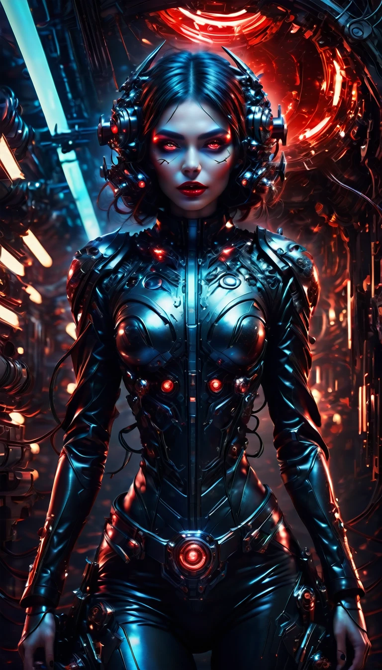 Dark fantasy, full body shot, a young woman demon, beautiful detailed glowing eyes, beautiful detailed bloody red lips, extremely detailed face, futuristic leather outfit with mechanical parts, immersive futuristic sci-fi background, dark demonic entity, photorealistic, 4k, ultra-detailed, cinematic lighting, dramatic, dark moody color palette, chiaroscuro lighting, concept art style