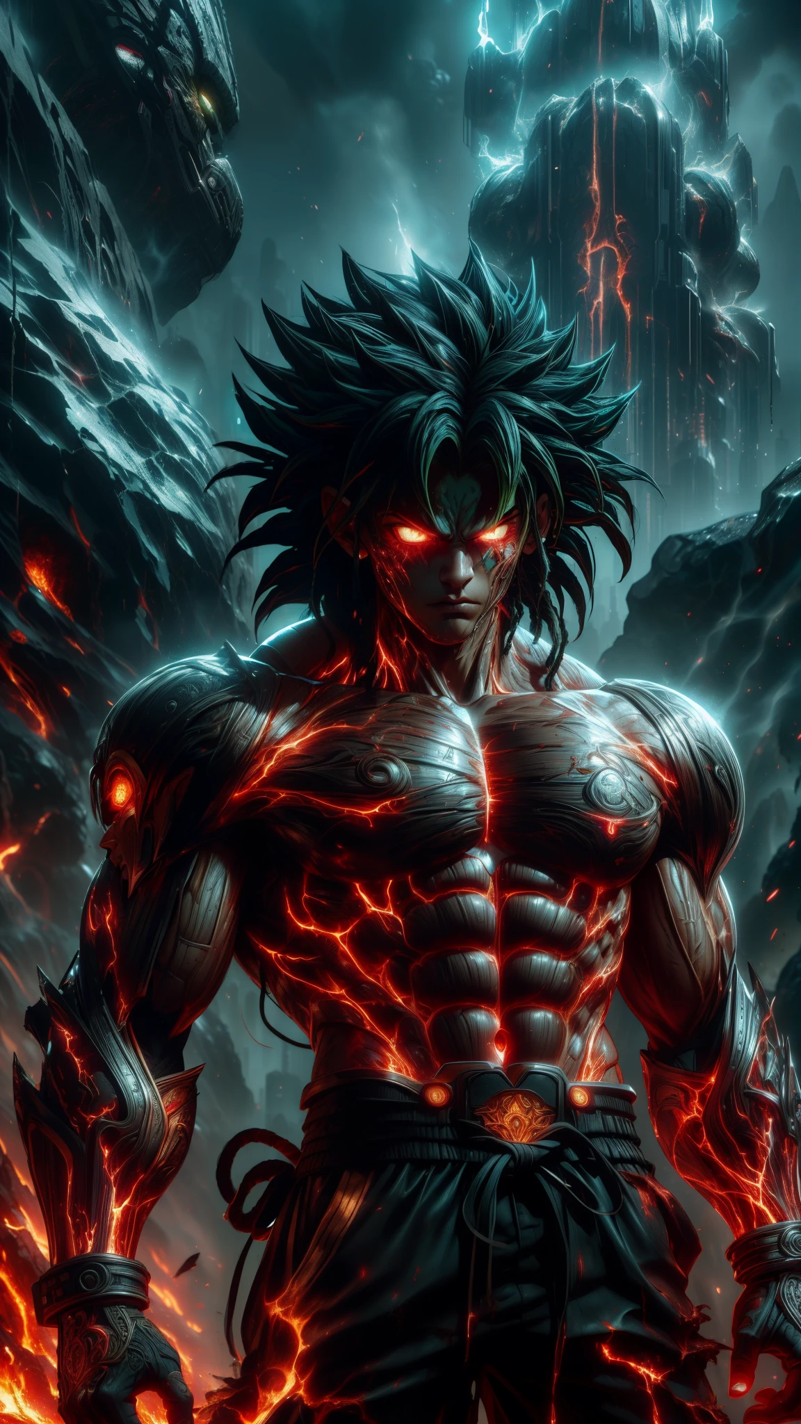 (absurdres, highres, ultra detailed)(masterpiece), (extremely intricate:1.3), (realistic),cyberpunk city,Cinematic Lighting,4k,(masterpiece), (1Broly:1.2),upper body, nvwashireg, burnt clothes,(glowing skin:1.3),(((molten rock skin)))