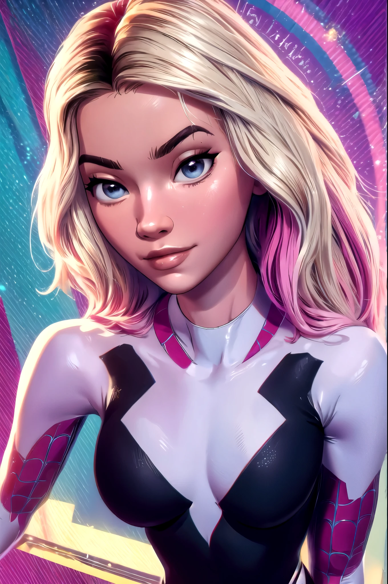 (masterpiece, top quality, best quality, official art, beautiful and aesthetic:1.2),highly detailed face,1girl,gwen_stacy, (portrait:1.3),spider-gwen suit , bodysuit superhero,small tits(extremely detailed,highres, highest detailed,8k,absurdres,CG),happy,full body pose,cowboy shot,grab breast,smirk,cute smile.full body pose,peace sign, shaved one side haead