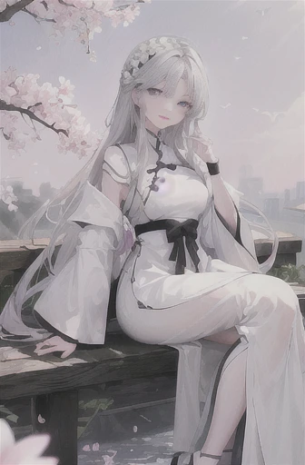 masterpiece, Excellent, daytime, outdoor, Falling Flowers, Branches, China人, China, 1 girl, Perfect Woman, Woman with long silver hair, Gray blue eyes, Light pink lips, cold, Serious, Prosperity, Purple Eyes, White clothes, black clothing series, Delicate face, Delicate face, Sitting Legs, Smile