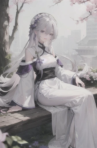 masterpiece, Excellent, daytime, outdoor, Falling Flowers, Branches, China人, China, 1 girl, Perfect Woman, Woman with long silver hair, Gray blue eyes, Light pink lips, cold, Serious, Prosperity, Purple Eyes, White clothes, black clothing series, Delicate face, Delicate face, Sitting Legs, Smile