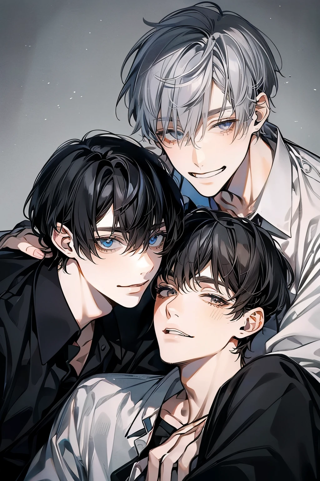 (Mastepiece), (Best Quality), Very detailed, ((Two good friends:1.5)), Perfect Face, Beautiful Face, Very detailedな顔，(Black-haired man:1.3)，(Grey-haired man:1.3)、shirt、smile