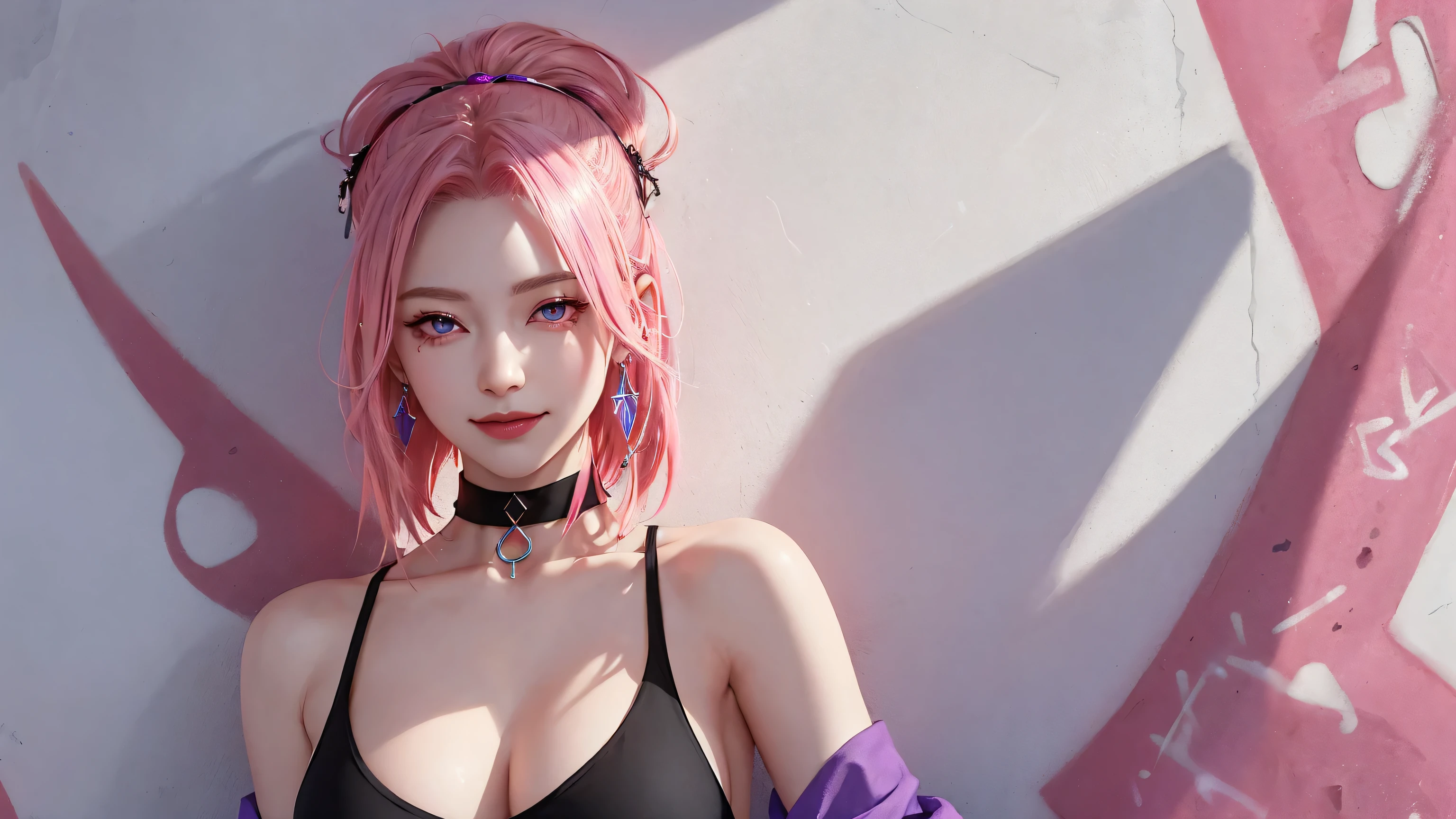 (Masterpiece, best quality, 1 girl, alone, complicated details, Chromatic aberration), realistic, ((Moderate breath)),long hair, pink hair, Red headpiece, Pink Highlights, hair on one eye,purple eyes, earring, sharp eyes, choker, Neon coat, She wears a collar, bangle, and kimono style garters., crop top, (symmetrical eyes),(Perfect symmetrical body),against the wall, Brick wall, (colorful graffiti words on the wall:1.2), The light is dim., alley ,Look at the viewer.、Dig the chest、smile、(sleeveless、Navel touch、Fitted turtleneck.)、street string hot pants、Thin bottom、Please build above the eaves..、Thin shoulders、in underwear、