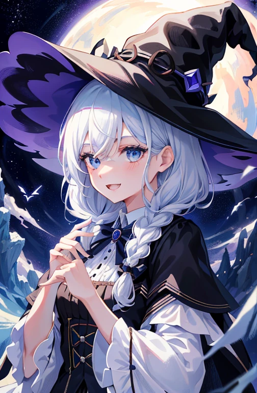 ((tmasterpiece、top-quality、detaileds)), 4K,8K,Hicks, 1 girl in, Cute and beautiful, The Witch, ((a witch's hat))、White hair, Medium hair, Braids, eBlue eyes, :D, [[[Broken face]]], [[Bad face]], [[fusedfingers]]