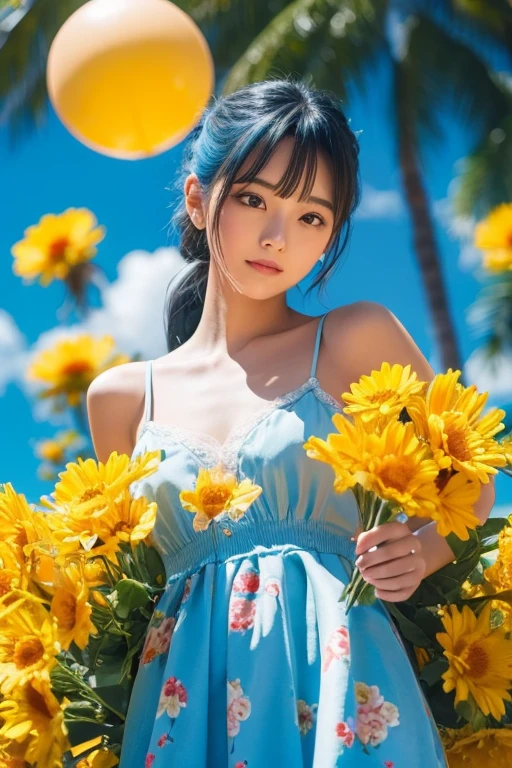(masterpiece), (highest quality), (Super detailed),(Dish-shaped hair),(figure), (One girl), (Fashionable clothes), Are standing, Fashion Model, View Viewer, (interview), (Simple Background), Beautiful fine details, delicate beauty, floating, (High chroma), (Colorful Splash), Colorful bubbles, (Shine), Focus on the face, ponytail, Ayaka Kamisato, Light blue hair, bangs, Scrunchie, floating flowers, Flowing hair, (Shiny), Best lighting, Best Shadow, Perfect hands