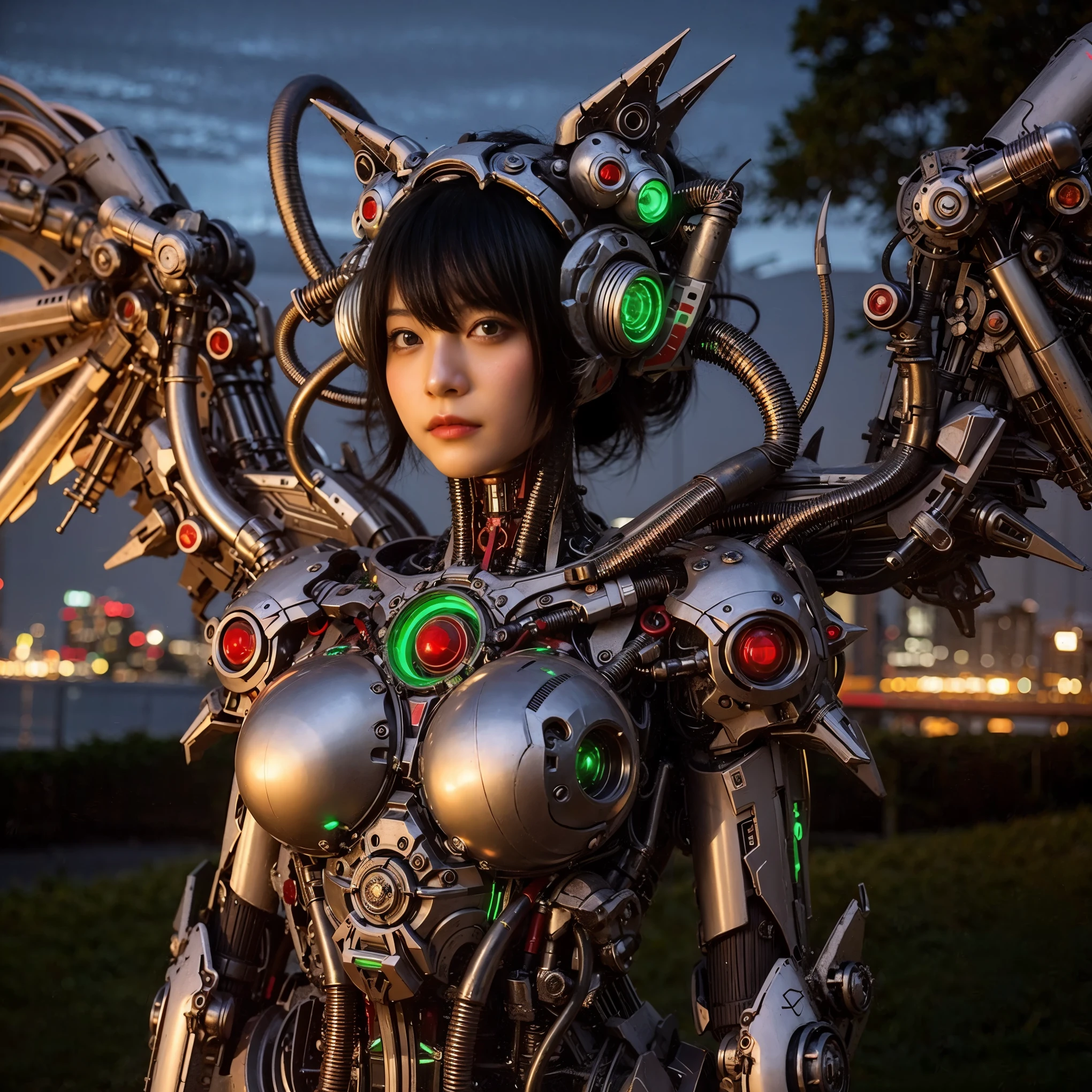 Masterpiece, (ultimate quality:1.2), 8k, Japanese woman in honet-type powered suit, silver base with green and red accents, very beautiful face, mechanical, (mechanical bat wings), hydraulic cylinder, power pipe, ultimately intricate details, full body shot, (ultimate photo Realistic:1.37), Park with a beautiful view at night, (Steampunk: 1.2), (Cyberpunk), Full body photo, Wide-angle shot, Please generate at least 4 photos.