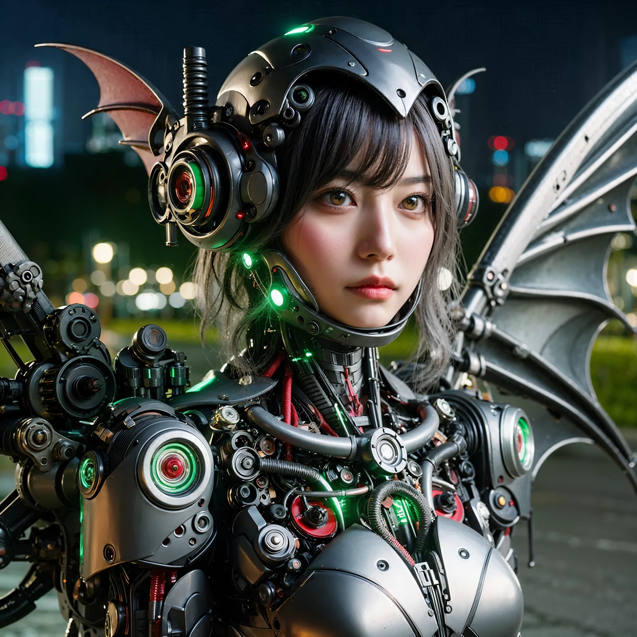 Masterpiece, (ultimate quality:1.2), 8k, Japanese woman in honet-type powered suit, silver base with green and red accents, very beautiful face, mechanical, (mechanical bat wings), hydraulic cylinder, power pipe, ultimately intricate details, full body shot, (ultimate photo Realistic:1.37), Park with a beautiful view at night, (Steampunk: 1.2), (Cyberpunk), Full body photo, Wide-angle shot, Please generate at least 4 photos.