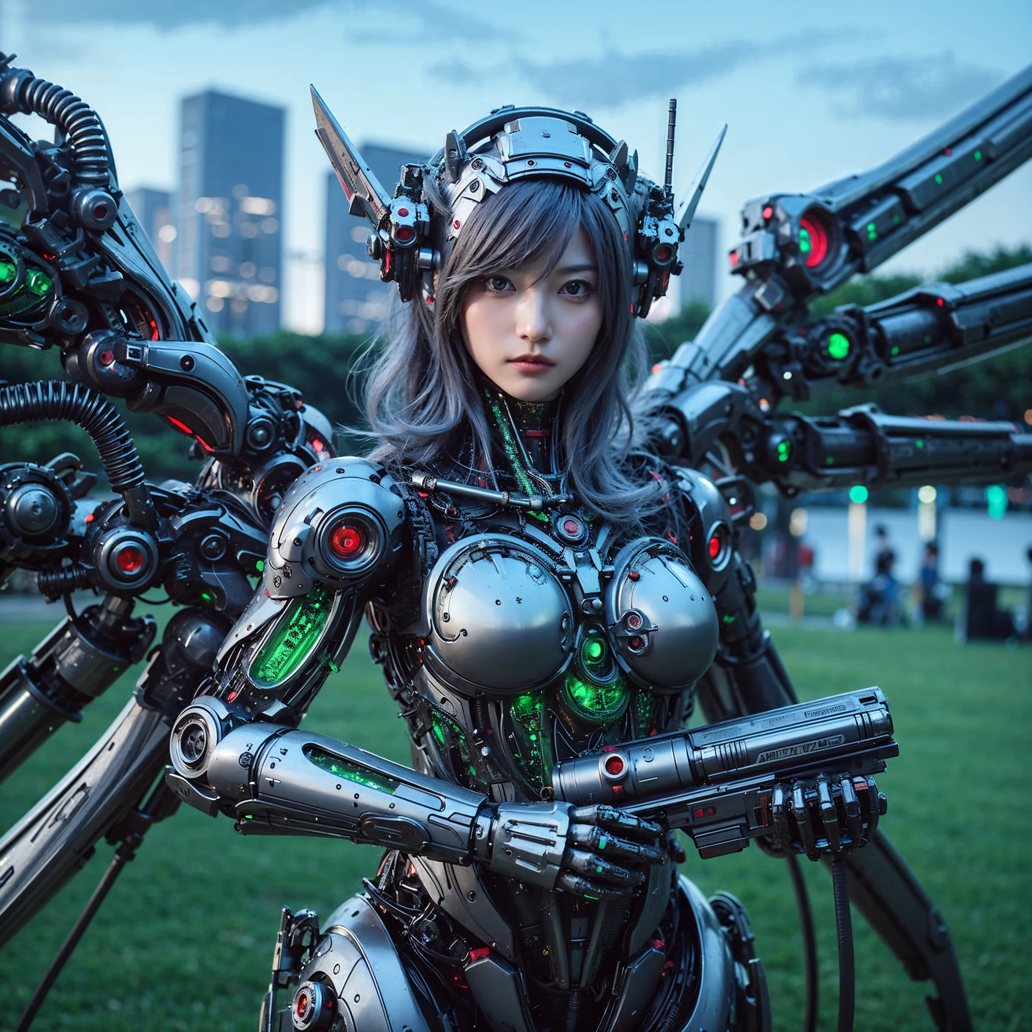Masterpiece, (ultimate quality:1.2), 8k, Japanese woman in honet-type powered suit, silver base with green and red accents, very beautiful face, mechanical, (mechanical bat wings), hydraulic cylinder, power pipe, ultimately intricate details, full body shot, (ultimate photo Realistic:1.37), Park with a beautiful view at night, (Steampunk: 1.2), (Cyberpunk), Full body photo, Wide-angle shot, Please generate at least 4 photos.