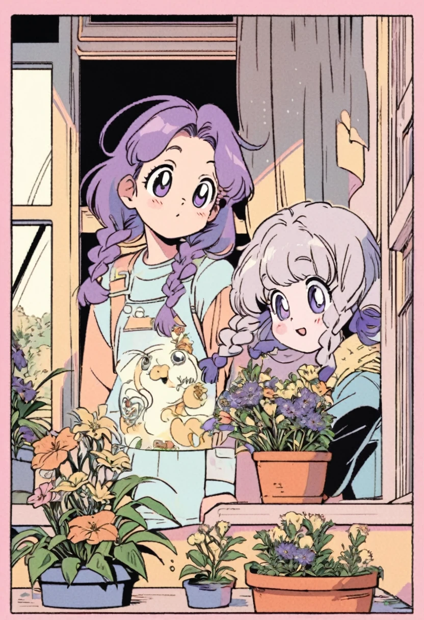 Best Quality,Official art,Wallpapers,90s Cartoons,Slight retro color,riso print style,Illustration,Cute,(2 girls),yinji, (purple hair, purple eyes, long hair, white hair, double braids, gradient hair),Flowers,Window,flower pots,hand drawn style,children's illustrations,flat illustrations,