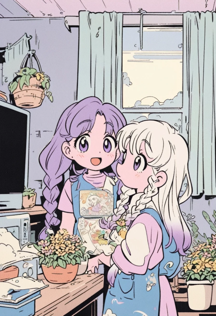 Best Quality,Official art,Wallpapers,90s Cartoons,Slight retro color,riso print style,Illustration,Cute,(2 girls),yinji, (purple hair, purple eyes, long hair, white hair, double braids, gradient hair),Flowers,Window,flower pots,hand drawn style,children's illustrations,flat illustrations,