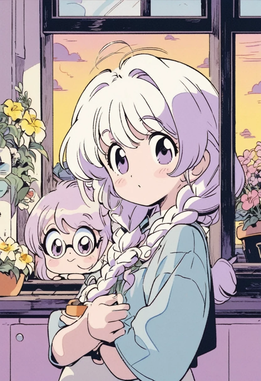 Best Quality,Official art,Wallpapers,90s Cartoons,Slight retro color,riso print style,Illustration,Cute,(2 girls),yinji, (purple hair, purple eyes, long hair, white hair, double braids, gradient hair),Flowers,Window,flower pots,hand drawn style,children's illustrations,flat illustrations,