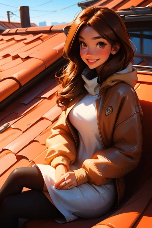 A brown haired woman with copper eyes and an hourglass figure in a sweatshirt dress is sitting on a roof with a smile