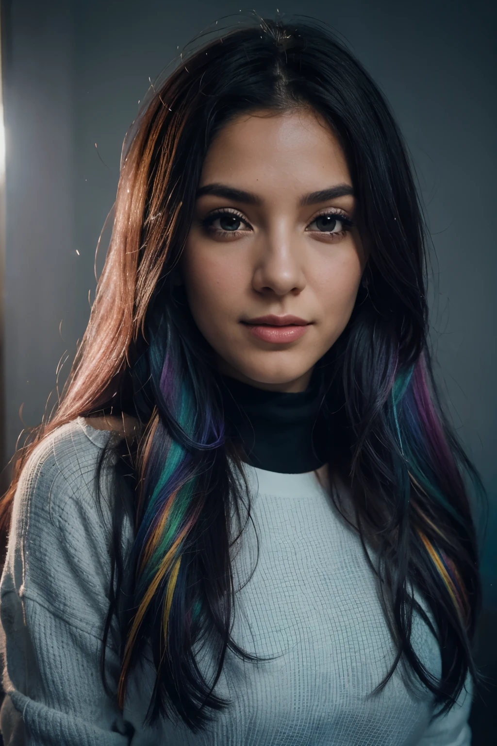 Garota, 20 anos de idade, longos cabelos ruivos, Sardas, bobbles de cabelo, estremecer, long eyelashes,  sorriso leve, presa, rainbow hair, festeira, surrealismo, sombra projetada, anaglyph, estereograma, tachi-e, pov, atmospheric perspective, alto detalhe, 8K, super detalhe, preciso, melhor qualidade, Feriado de inverno, neve, (roupas de inverno),  [depois de esquiar]