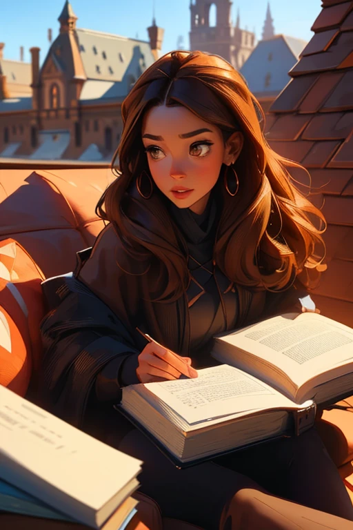 A brown haired woman with copper eyes and an hourglass figure in a sweatshirt dress is reading a book on castle's roof