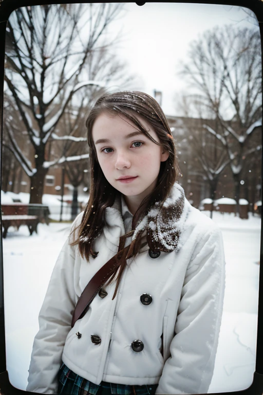 polaroid photo, snowy day photo, photo of r old l, pale skin, bokeh, motion blur