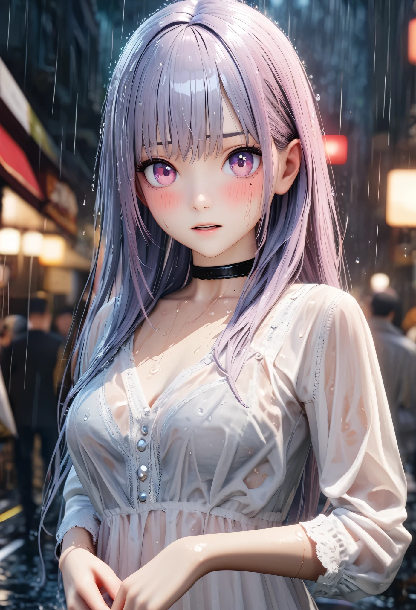 masterpiece, best quality, very detailed, high resolution, expensive resolution, high resolution, 4k, 8k, Unity 8k wallpaper, highly detailed CG, masterpiece, 2d, 3d, beautiful details, depth, fine texture, best quality: 1.3, perfect focus, crisp skin, him, rain, wet, wet clothes: 1.2 very cute anime girl, (white sheer bra visible through white blouse wet from pouring rain), large breasts, expensive pink medium long hair, 1 girl, rain, (raindrops dripping from wet hair, sheer white bra visible through thin blouse wet from rain), mole under eye, looking at viewer, expensive, blush, mole, open lips, heart, pink eyes, choker