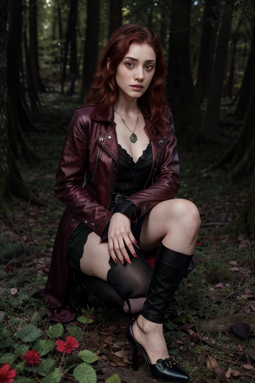 Linn Björnland, Camila Gotlieb, Teen Wolf, 40 years old, long curly and messy red hair, black eyes, short open black jacket, red dress blouse, short dark black skirt, long sexy boots, black fishnet stockings, silver pendant, black cat print. Forest background with fog aura around black color.