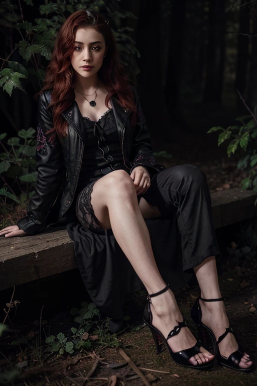 Emmy Rossum, Ridley Duchannes, Wolf, 20 years old, short messy light red hair, green eyes, red gothic style open jacket, violet blouse with black flower print, black heels, fox pendant, black fox print. Forest background aura around black color.
