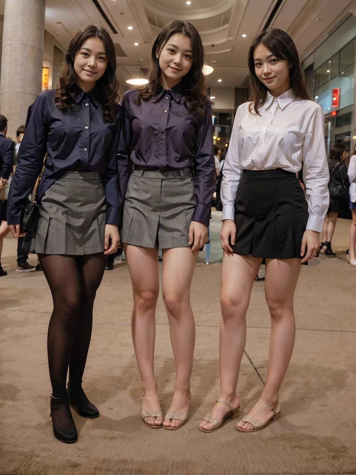 photo image, shots entire body, feet in view, 3 gorgeous Japanese women, curly hair, wearing professional, collared shirt, skirts, tights, no shoes, convention centre, smiling, posing for picture, standing