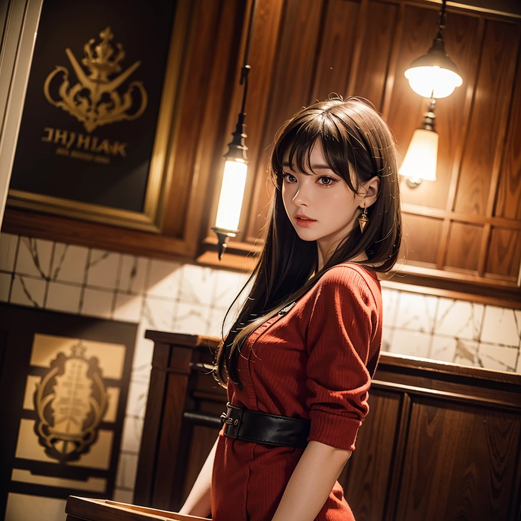 a beautiful young russian woman, 8k, detailed face, high quality, photorealistic, stunning eyes, long eyelashes, attractive facial features, flawless skin, light brown hair, tight waist, stylish clothes, active posing, vivid colors, masterpiece, best quality, Drinking alcohol at a restaurant、1 person、1 person、Red clothes、Fashionable clothes